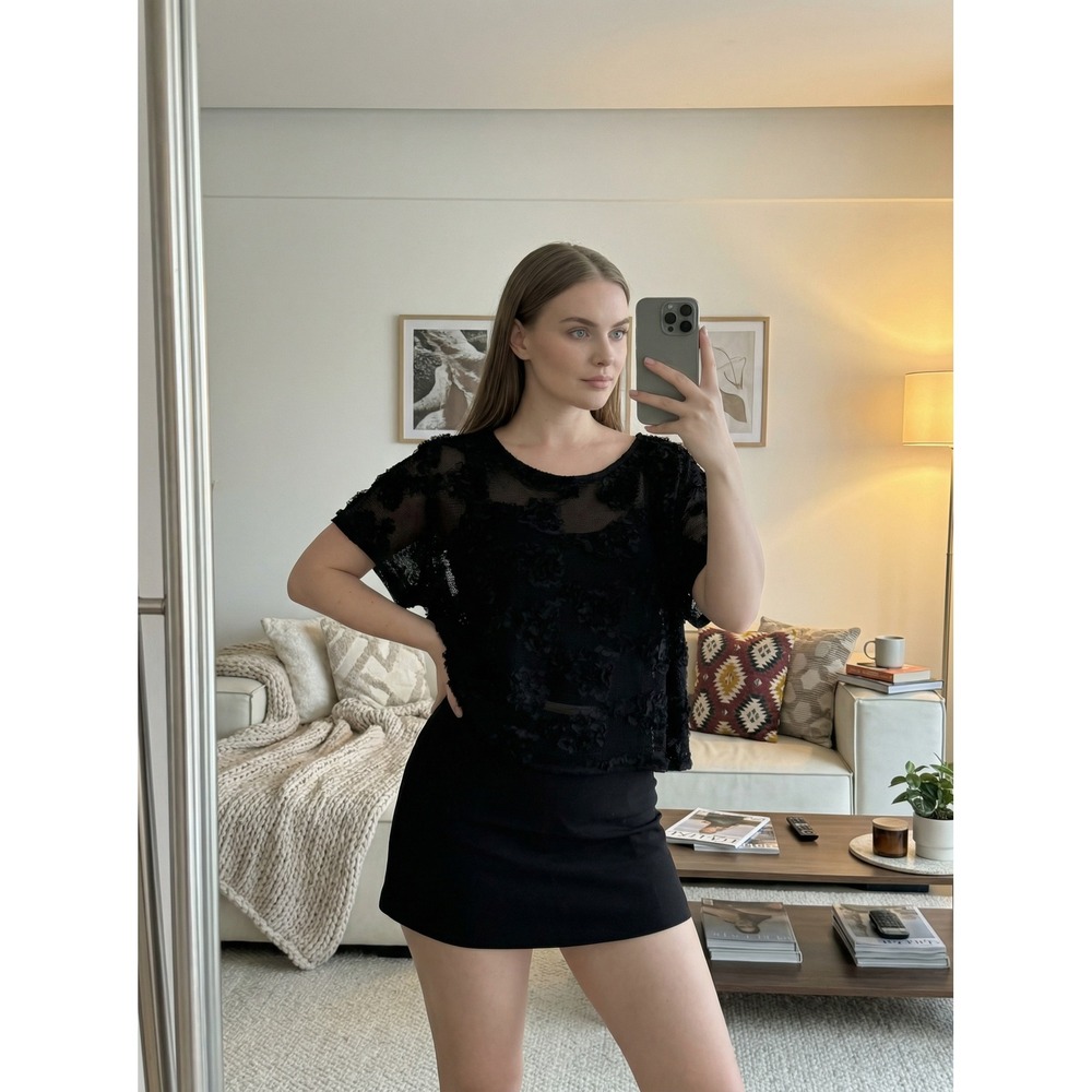 City Chic Mesh 3D Floral Womens Top XXL/24 Black Short Sleeve Romantic Textured